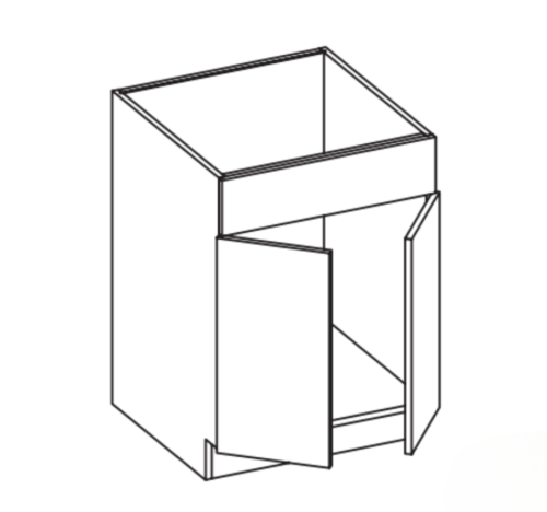 A simple line drawing of a cabinet with open doors and shelves.